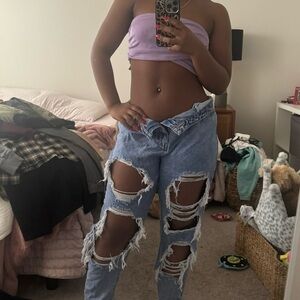 blue wash ripped baggy jeans